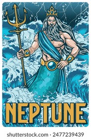 Pegatina vintage de neptuno de mar colorido con la deidad ancestral de pie entre las olas del océano y sosteniendo el tridente en las manos Ilustración vectorial