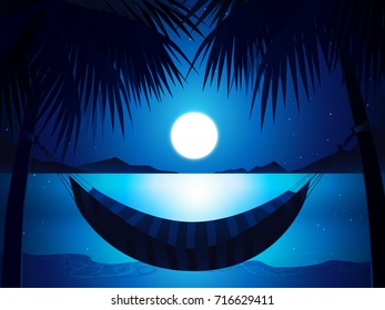 sea at night with hammock