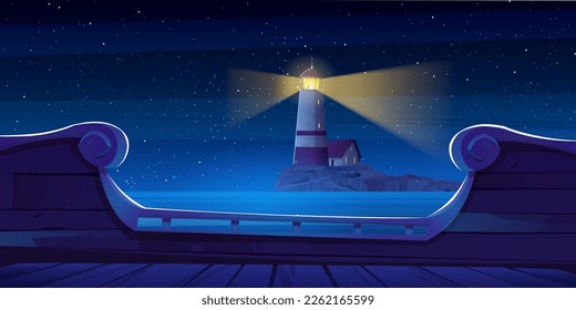 Nachtlandschaft am Meer mit Leuchtturm auf der Insel, Blick auf das Schiffsdeck. Cartoon, Vektorhintergrund mit Haus auf Felsküste im Ozean. Leuchtturm-Gebäude mit Licht auf der Hafensaison unter Sternenhimmel