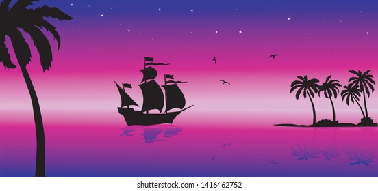 sea night landscape with sailboat