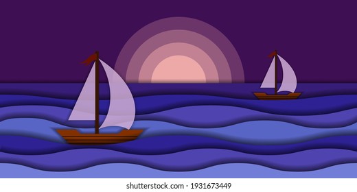 Sea night landscape with waves, sunset and sail boats. 3D Papercut style. Nautical background, sailing regatta in paper art design. Vector illustration