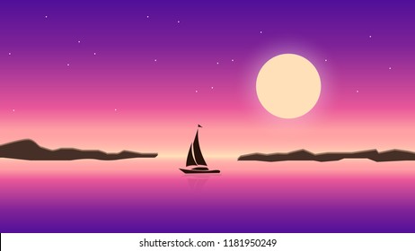 Sea and night sky landscape illustration. Moon light ocean with sailboat. Beautiful romantic dark moonlight scene. Evening dusk shine art.