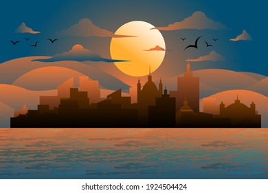 Paysage urbain de la nuit de la mer Immobilier de la ville avec un oiseau de montagne nuageux Arrière-Plan Flat Concept Icône Modèle d'Icône Illustration Vectorielle