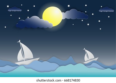 Sea night of yellow moon with clouds and star, Sailboat on blue sea ocean, Illustration vector paper art 