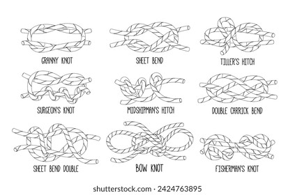 Sea Nodes Monochrome Outline Vector Icons Set. Granny, Fisherman, Surgeons or Bow Knot, Sheet or Double Carrick Bend