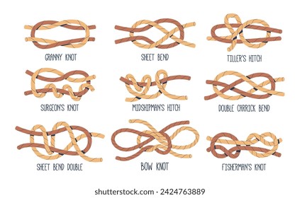 Sea Nodes Vector Set. Granny, Fisherman, Surgeons or Bow Knot, Sheet or Double Carrick Bend, Tillers or Midshipman Hitch