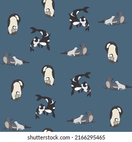 Sea north animals with babies vector seamless pattern