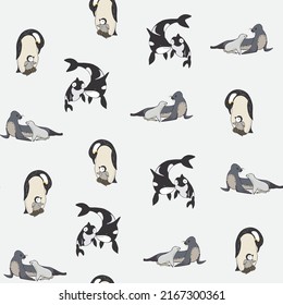 Sea north animals with babies vector seamless pattern