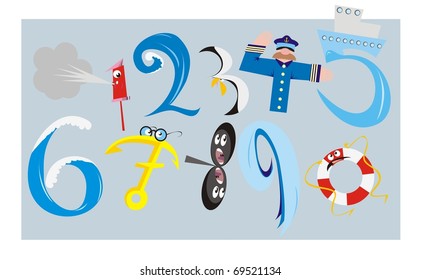 Sea numbers vector cartoon illustration set