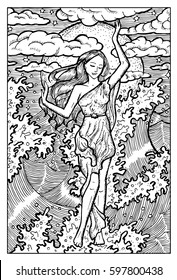 Sea Nymph in waves. Hand drawn vector illustration. Engraved line art drawing, black and white doodle.