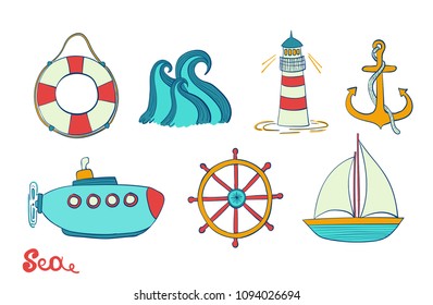 Sea object. Ocean set. Marine icon. Anchor, steering wheel and life ring. Illustrations of a lighthouse, a sailboat and a submarine.