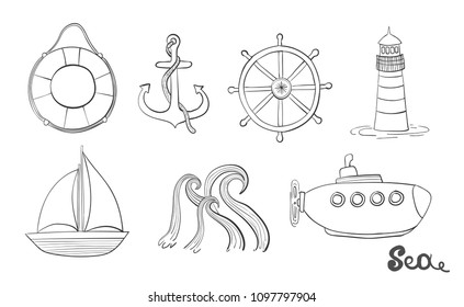 Sea object. Ocean set. Marine icon. Anchor, steering wheel and life ring. Illustrations of a lighthouse, a sailboat and a submarine.