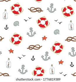 Sea objects: anchor, bird, seashell, starfish, life byou, knot vector hand drawn seamless pattern