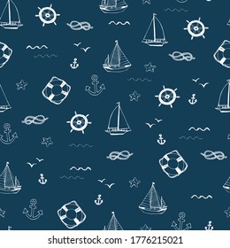 Sea objects: boats, anchor, bird, seashell, starfish, life byou, knot vector hand drawn seamless pattern