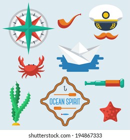 Sea objects collection. Vector illustration. Captain hat with pipe, compass and crab.
