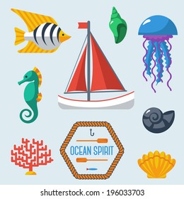 Sea objects collection. Vector illustration. Yacht sport. Different seashells and fish.