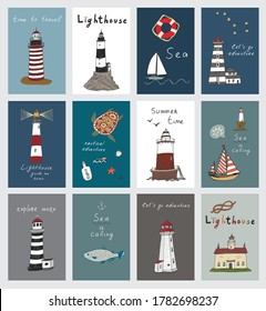 Sea objects hand drawn doodle vector postcards set: lighthouse, boat, turtle, fish, seashell.