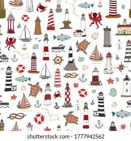 Sea objects seamless hand drawn doodle vector pattern: lighthouse, boat, turtle, fish, seashell.