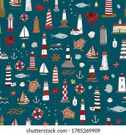 Sea objects seamless hand drawn doodle vector pattern: lighthouse, boat, turtle, fish, seashell.