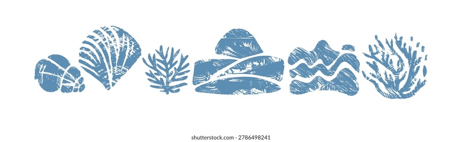 sea objects — shell, coral, stone and seaweed linocut stamp illustrations, a rustic nautical set with engraved woodcut texture and naive organic shapes in minimal coastal design