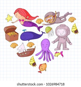 Sea and ocean adventure Kindergarten, preschool, school children. Kids aquapark. Underwater. Mermaid, octopus, fishes, whale, shells, jelly fish. Lost treasures. Scuba. Pirate ship. Diving, snorkeling