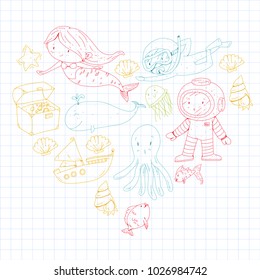 Sea and ocean adventure Kindergarten, preschool, school children. Kids aquapark. Underwater. Mermaid, octopus, fishes, whale, shells, jelly fish. Lost treasures. Scuba. Pirate ship. Diving, snorkeling