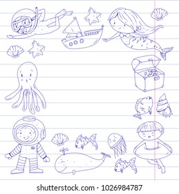 Sea and ocean adventure Kindergarten, preschool, school children. Kids aquapark. Underwater. Mermaid, octopus, fishes, whale, shells, jelly fish. Lost treasures. Scuba. Pirate ship. Diving, snorkeling