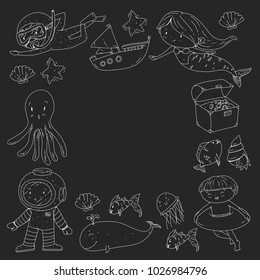 Sea and ocean adventure Kindergarten, preschool, school children. Kids aquapark. Underwater. Mermaid, octopus, fishes, whale, shells, jelly fish. Lost treasures. Scuba. Pirate ship. Diving, snorkeling