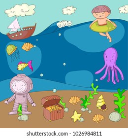 Sea and ocean adventure Kindergarten, preschool, school children. Kids aquapark. Underwater. Mermaid, octopus, fishes, whale, shells, jelly fish. Lost treasures. Scuba. Pirate ship. Diving, snorkeling