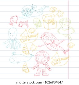 Sea and ocean adventure Kindergarten, preschool, school children. Kids aquapark. Underwater. Mermaid, octopus, fishes, whale, shells, jelly fish. Lost treasures. Scuba. Pirate ship. Diving, snorkeling