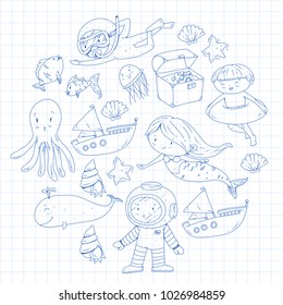 Sea and ocean adventure Kindergarten, preschool, school children. Kids aquapark. Underwater. Mermaid, octopus, fishes, whale, shells, jelly fish. Lost treasures. Scuba. Pirate ship. Diving, snorkeling