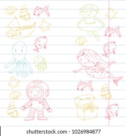 Sea and ocean adventure Kindergarten, preschool, school children. Kids aquapark. Underwater. Mermaid, octopus, fishes, whale, shells, jelly fish. Lost treasures. Scuba. Pirate ship. Diving, snorkeling