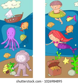 Sea and ocean adventure Kindergarten, preschool, school children. Kids aquapark. Underwater. Mermaid, octopus, fishes, whale, shells, jelly fish. Lost treasures. Scuba. Pirate ship. Diving, snorkeling