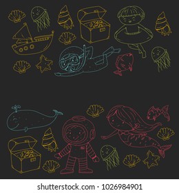 Sea and ocean adventure Kindergarten, preschool, school children. Kids aquapark. Underwater. Mermaid, octopus, fishes, whale, shells, jelly fish. Lost treasures. Scuba. Pirate ship. Diving, snorkeling