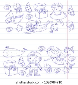 Sea and ocean adventure Kindergarten, preschool, school children. Kids aquapark. Underwater. Mermaid, octopus, fishes, whale, shells, jelly fish. Lost treasures. Scuba. Pirate ship. Diving, snorkeling