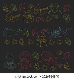 Sea and ocean adventure Kindergarten, preschool, school children. Kids aquapark. Underwater. Mermaid, octopus, fishes, whale, shells, jelly fish. Lost treasures. Scuba. Pirate ship. Diving, snorkeling