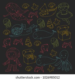 Sea and ocean adventure Kindergarten, preschool, school children. Kids aquapark. Underwater. Mermaid, octopus, fishes, whale, shells, jelly fish. Lost treasures. Scuba. Pirate ship. Diving, snorkeling