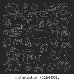 Sea and ocean adventure Kindergarten, preschool, school children. Kids aquapark. Underwater. Mermaid, octopus, fishes, whale, shells, jelly fish. Lost treasures. Scuba. Pirate ship. Diving, snorkeling