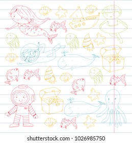 Sea and ocean adventure Kindergarten, preschool, school children. Kids aquapark. Underwater. Mermaid, octopus, fishes, whale, shells, jelly fish. Lost treasures. Scuba. Pirate ship. Diving, snorkeling