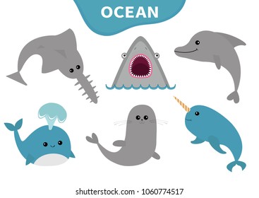 Sea ocean animal fauna icon set. Blue whale, sawshark, dolphin, narwhal, seal. Saw shark fish. Water inhabitant. Cute cartoon baby character collection. Isolated. White background Flat design. Vector