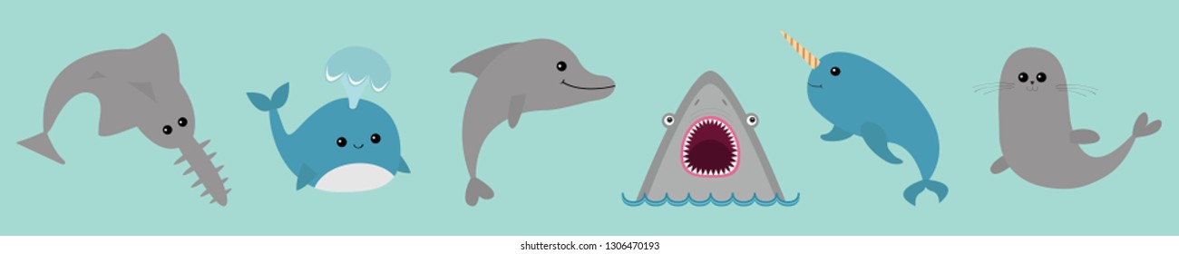 Sea ocean animal fauna icon set line. Blue whale, sawshark, dolphin, narwhal, seal. Saw shark fish. Water inhabitant. Cute cartoon baby character collection. Baby background Flat design. Vector