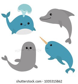 Sea ocean animal fauna set. Blue whale, dolphin, narwhal, seal. Big fish. Water inhabitant. Cute cartoon baby character collection. Isolated. White background Flat design. Vector illustration