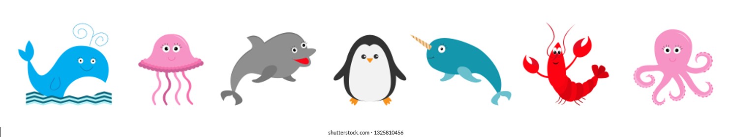 Sea ocean animal fauna set line. Fish, whale, dolphin, lobster crab, jellyfish, penguin, narwhal octopus. Cute cartoon kawaii character collection. Flat design. White background Isolated Vector