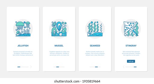 Sea ocean animal, fish and plant, underwater world vector illustration. UX, UI onboarding mobile app page screen set with line seaweed mollusk mussel jellyfish algae kelp stingray symbol collection
