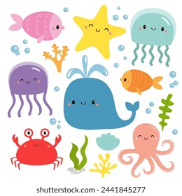 Sea and ocean animal set. Fish, jellyfish, octopus, whale, crab, algae seaweed, water bubble, shell stone. Childish style. Educational cards for kids. White background Isolated Flat design. Vector