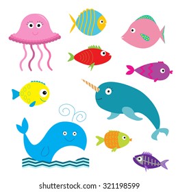 Sea and ocean animal set. Isolated. Fish, jellyfish, narwhal, whale, x-ray fish. Baby background. Flat design  Vector illustration