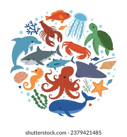 Sea and ocean animals in circle shape. Cute dolphin, whale, crab, seahorse, starfish, lobster, turtle, stingray, octopus, shark, jellyfish and fish. Wild marine creatures. Vector illustration