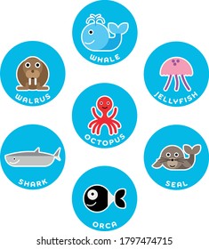 Sea and ocean animals collection. Set of 7 cartoon characters in the circle with name labels. Vector illustration.
