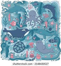 Sea and ocean animals concept art. Hand drawn doodle fishes, octopus, dolphin, turtle, shark, whale and seal. Cartoon characters. Marine life. Vector illustration.