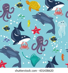 Sea and ocean animals - cute vector seamless pattern